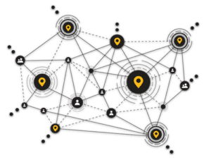 Network diagram with interconnected nodes.